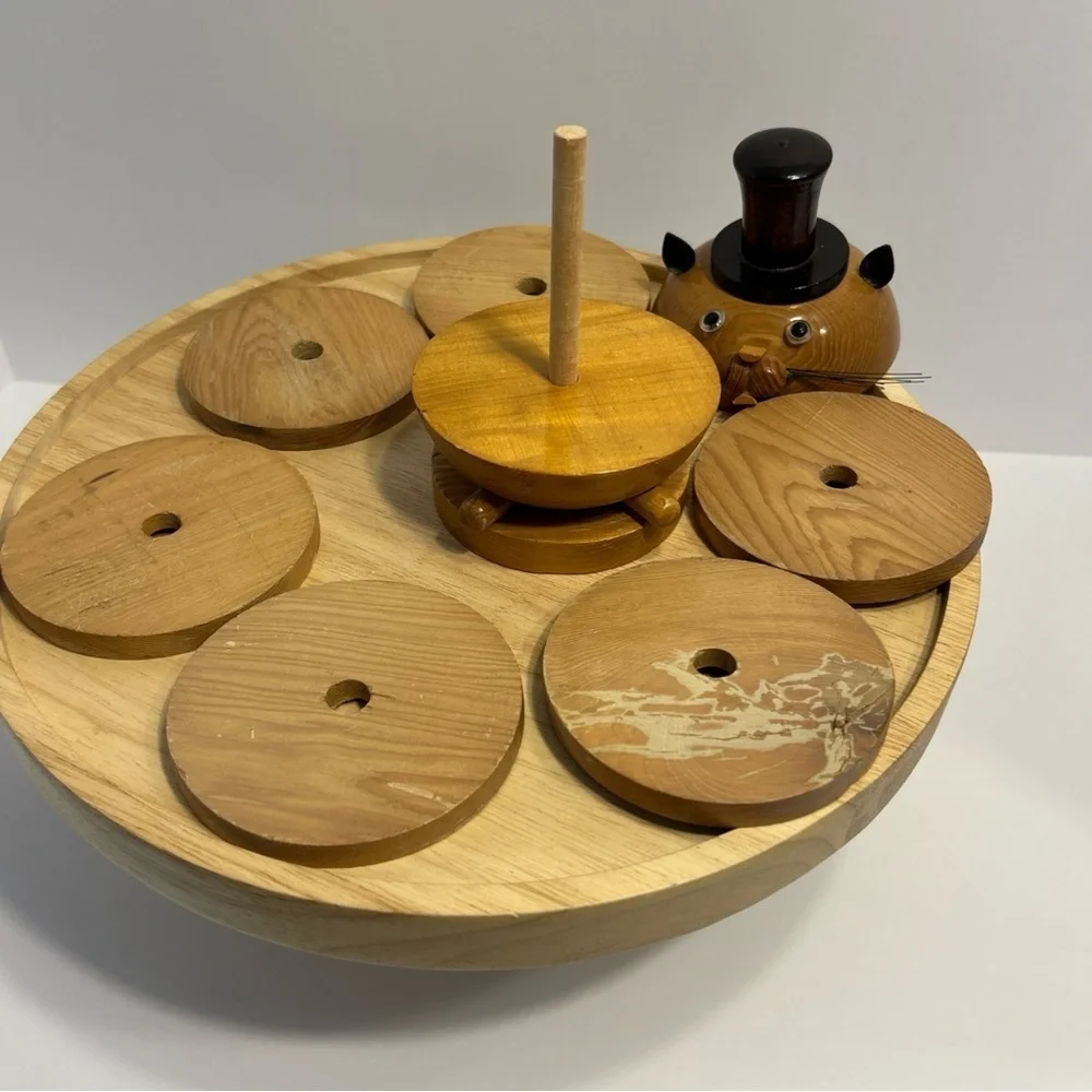 Vintage Mid Century Wooden Cat Mouse Cork Coaster Set Boling Style